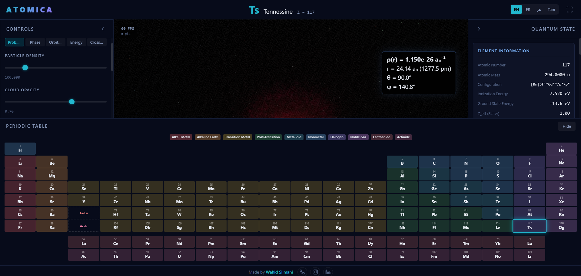 Atomica: Orbital and probability-cloud visualization with live controls.