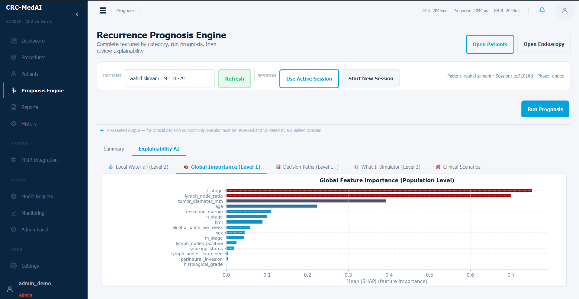 CRC-MedAI: Recurrence Prognosis Engine with Explainability AI: SHAP global feature importance, decision paths and a what-if simulator.